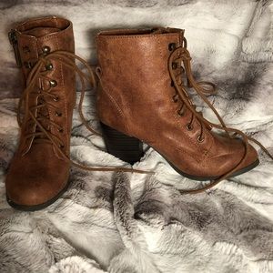 brown leather tie-up booties